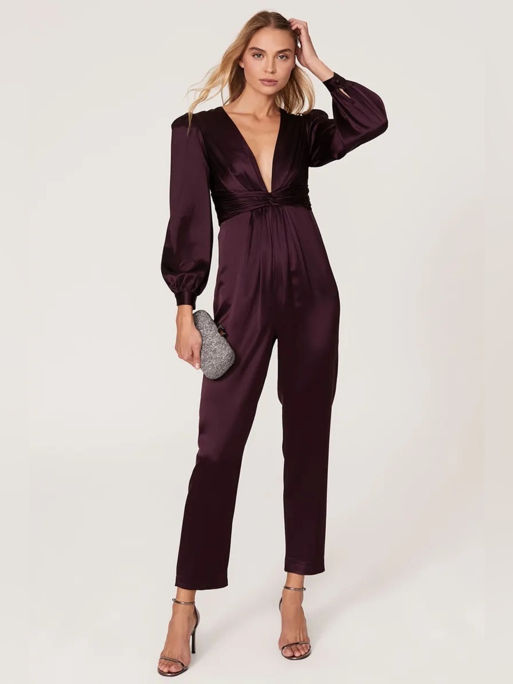 Mac Duggal Ieena Satin Plunge Neck Jumpsuit Size 6 NWT Plum Balloon Sleeve A2647